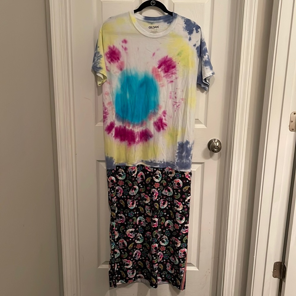 Upcycled tie dye shirt with sugar skull bottom